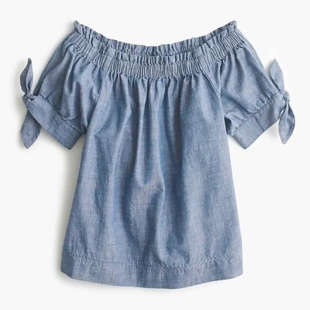 J. Crew cotton blue chambray‎ off shoulder blouse top 12
